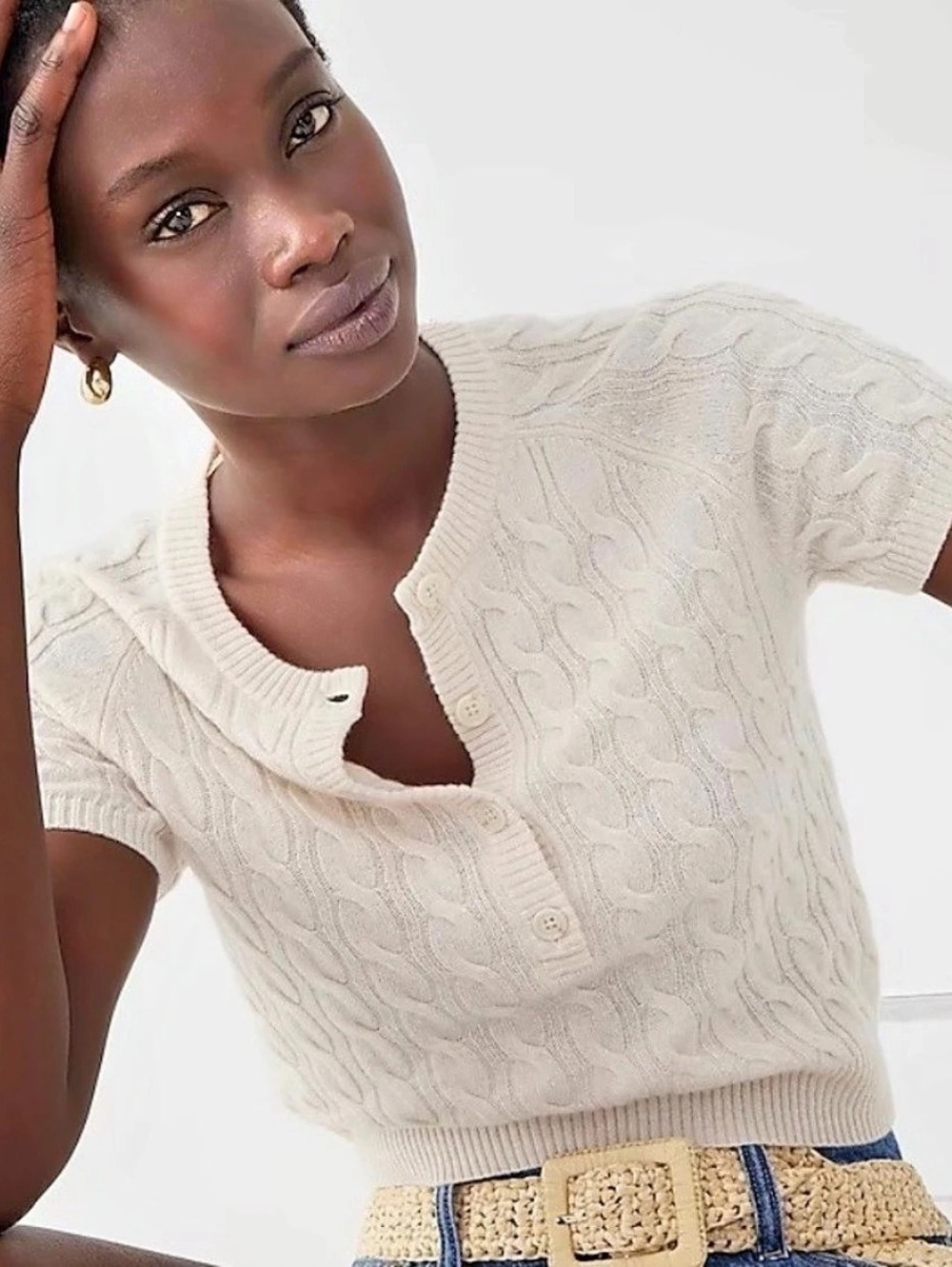 J.Crew Cashmere Cable-Knit Short-Sleeve Tshirt Henley in heather natural.